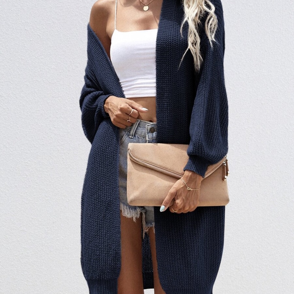 Navy Blue Open Front Knit Oversized Cardigan - Picture 4 of 6
